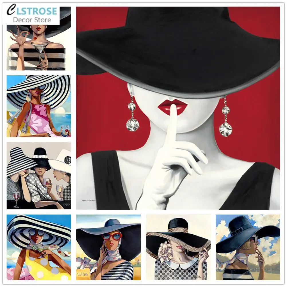 

Sexy Woman Canvas Painting Nordic Retro Poster Girl In Hat Wall Art Picture for Living Room Modern Interior Decoration Prints