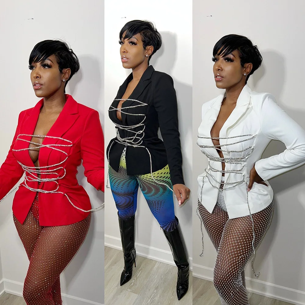 

Autumn Women Lace Up Notched Neck Long Sleeve Blazer Tops Fashion Office Lady Sexy Solid Blazers