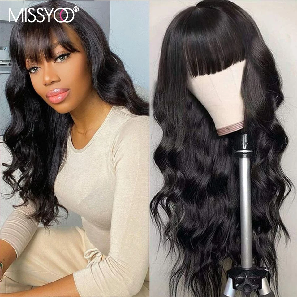 

Парик MISSYOO с волнистыми волосами с челкой, парики из человеческих волос для чернокожих женщин, бразильский парик без повреждений на всю маши...
