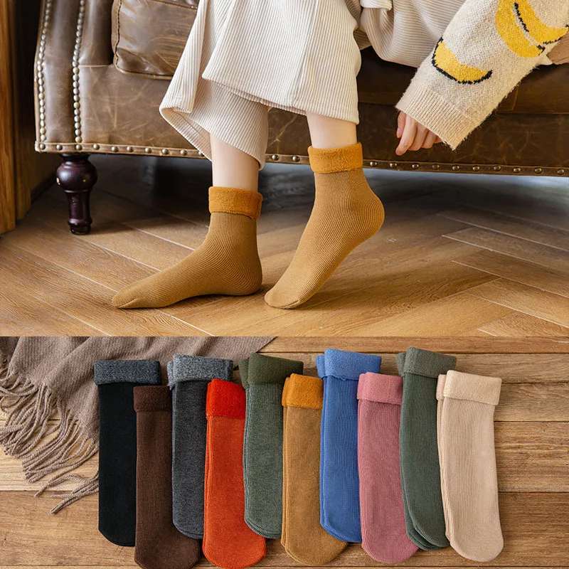 

1Pair Women Winter Warm Thicken Thermal Soft Casual Solid Color Socks Wool Cashmere Home Snow Boots Velvet Home Floor Sock