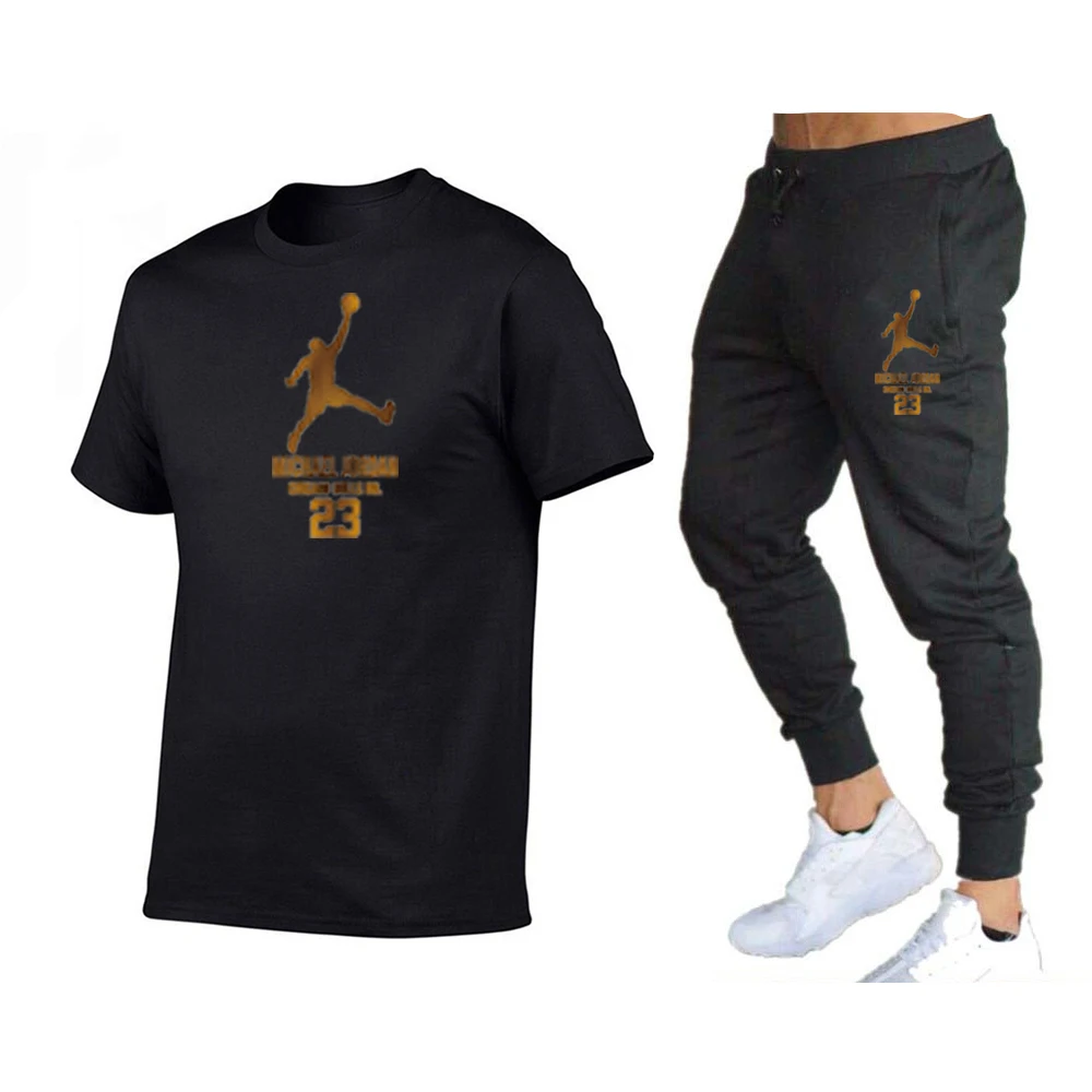

2021Summer Men's T-shirt Set 2-piece Men's Sportswear Suit Basketball Sports Fitness Jordan-23 Printed Short Sleeve + Men's Suit
