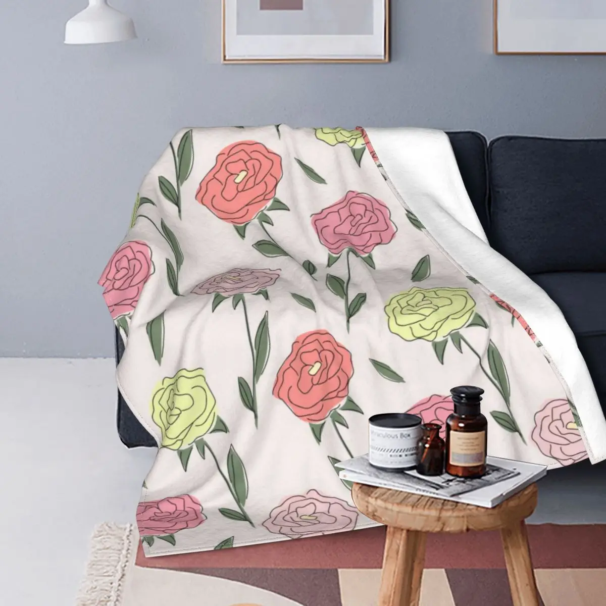 

Rose Flower Plant Blanket Plaid Printed Stitch Soft Portable Coral Fleece Throw Blankets For Sofa Travel