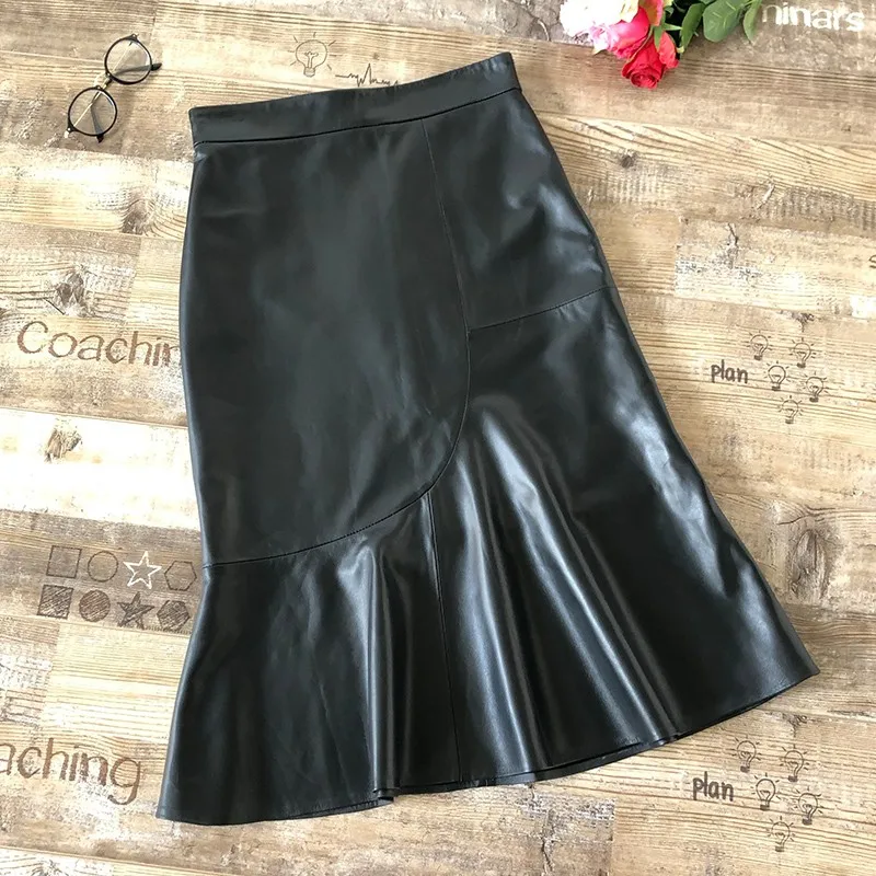 

Women 2021 New Wrap Leather Mermaid Mid Skirt Bodycon High Waist Sexy Office Ladies Khaki Ruffles Sheepskin Real Leather Skirts