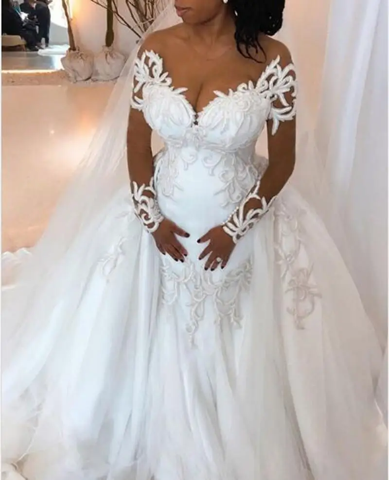 

Vestidos De Novia Vintage Ball Gown Long Sleeve Lace Dresses Royal Train African Plus Size Wedding Dress with Detachable Train
