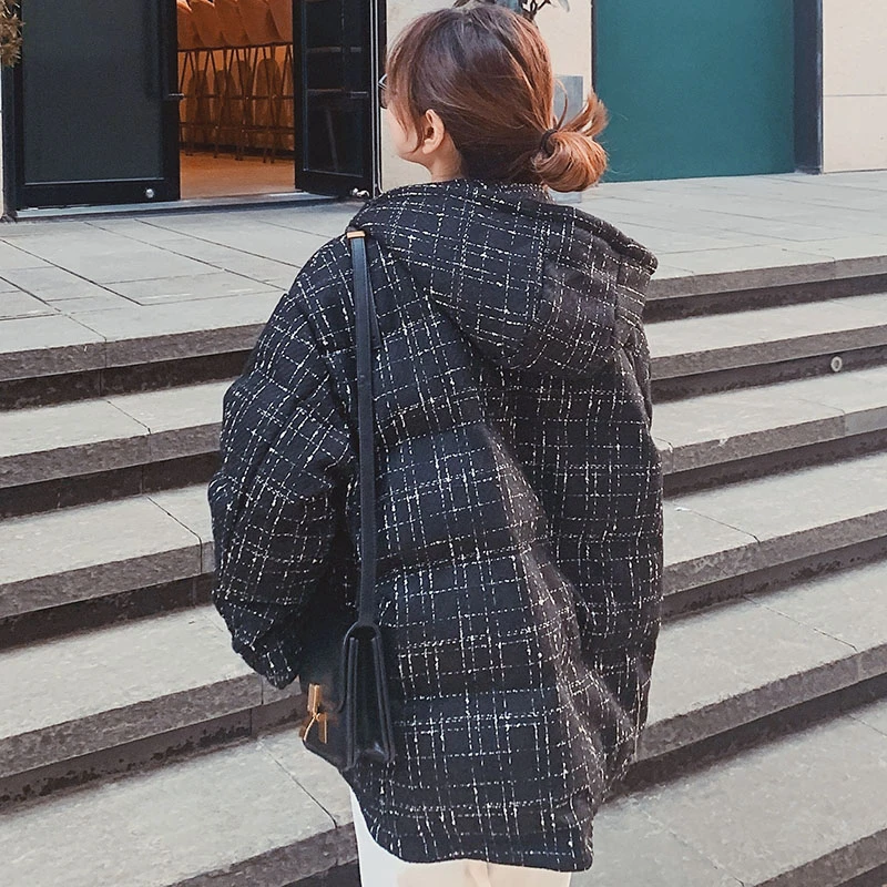 

Unua amo Tweed Puffer Jacket Women Warm Hooded Fluffy Parka 2021 Korean Style Fashion Down-padded Winter Coat Female YY108A