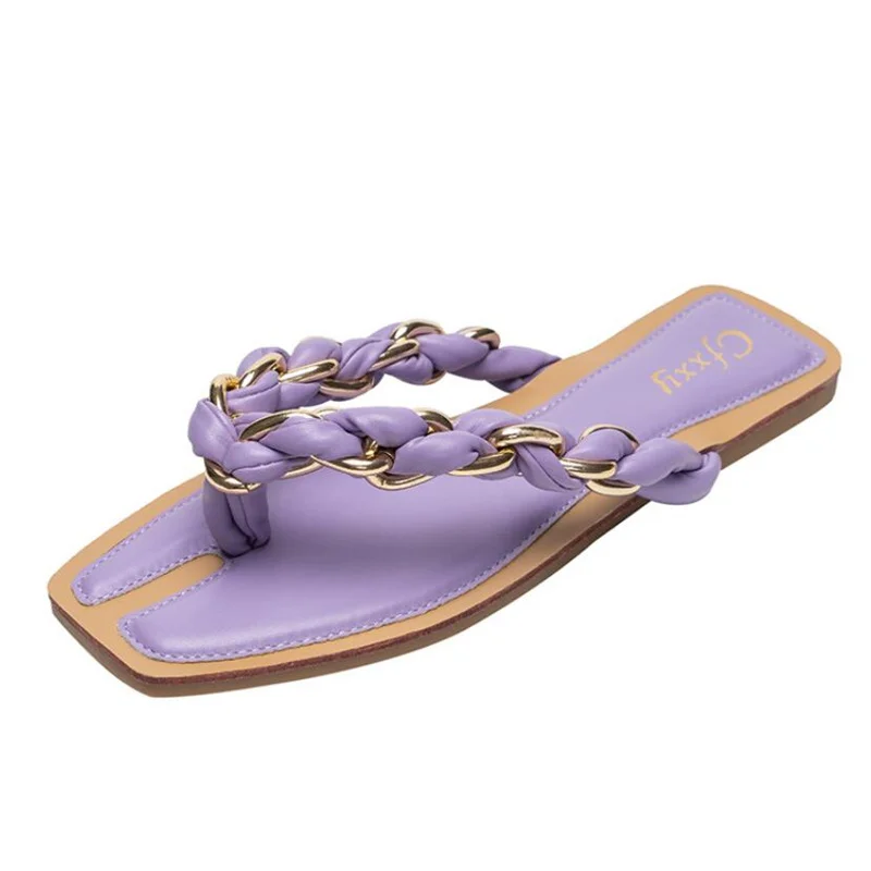 Шлепанцы женские летние с металлической цепочкой квадратным носком на застежке