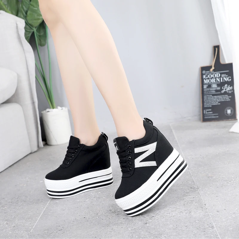 

Fashion 2020 Autumn Platform Canvas Sneakers 12CM High Heel Women Bling Shoes Wedge Sneakers Breathable Casual Shoes Woman White