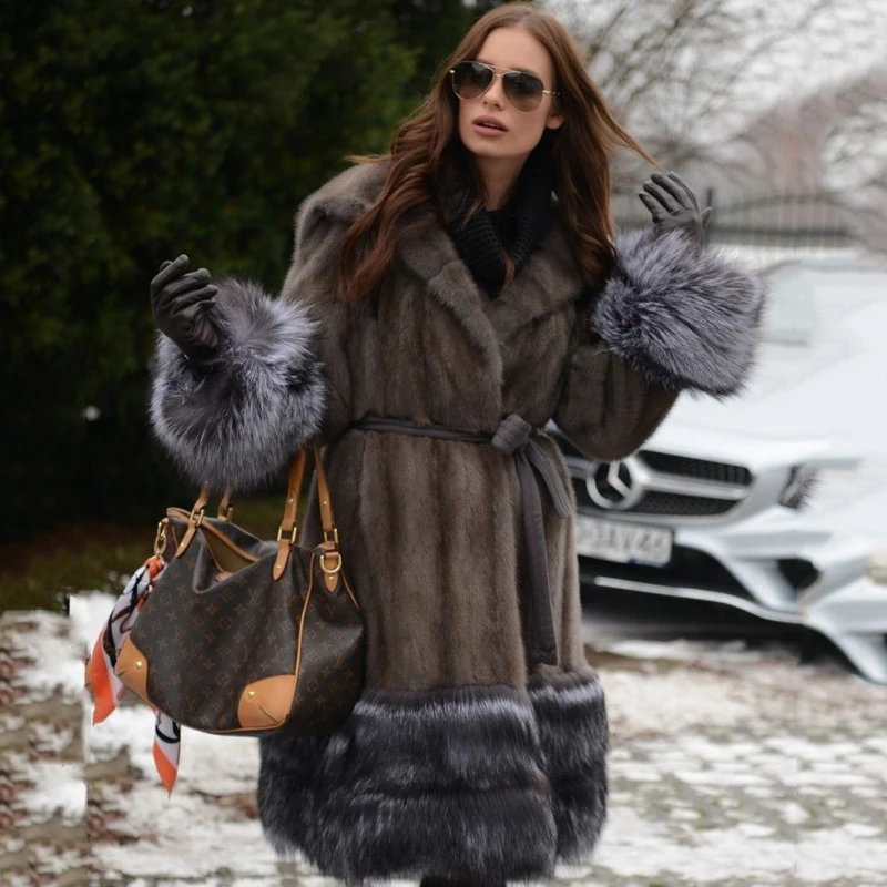 

Luxury Women Real Mink Fur Coats With Hood 2021 Winter Warm Natural Full Pelt Mink Fur Coat With Silver Fox Fur Cuffs And Bottom