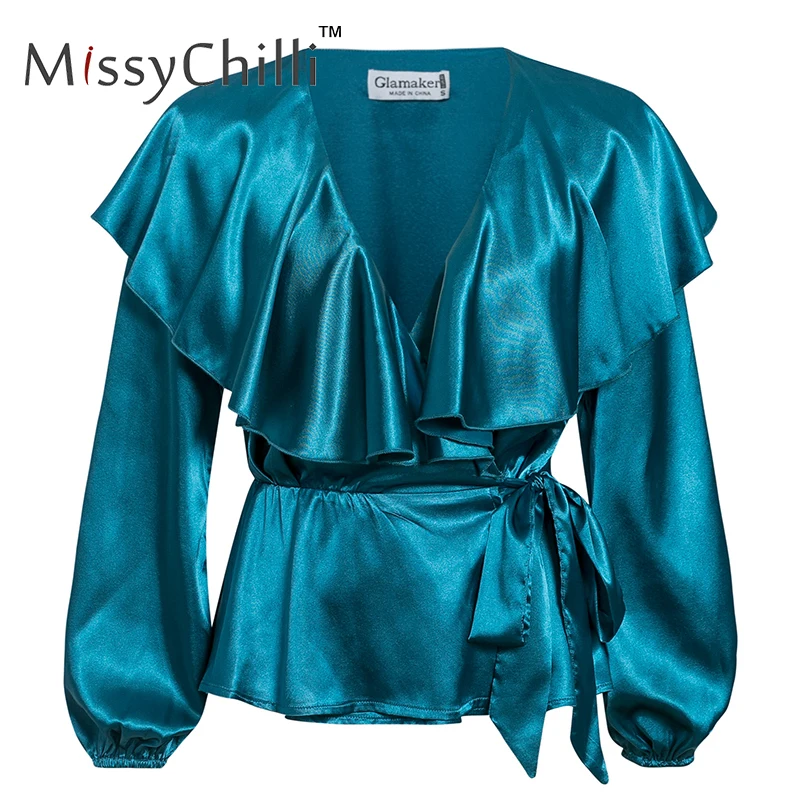 MissyChilli атласная синяя бандажная блузка с рюшами рубашка женская длинным рукавом