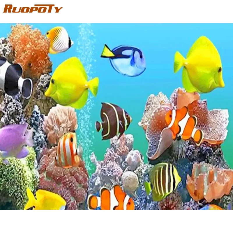 

RUOPOTY 60x75cm DIY Frame Paint By Numbers For Adults Underwater World Animal Diy Framed Paint By Number Kits Acrylic Paint On C