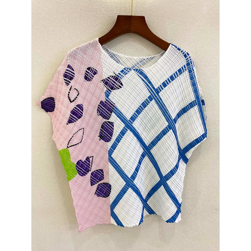 

TVVOVVIN Fashion 2021 Summer New Printed Casual All-match T-shirt O-neck Loose Bat Sleeve Large Size Pleated Tops 1RIL