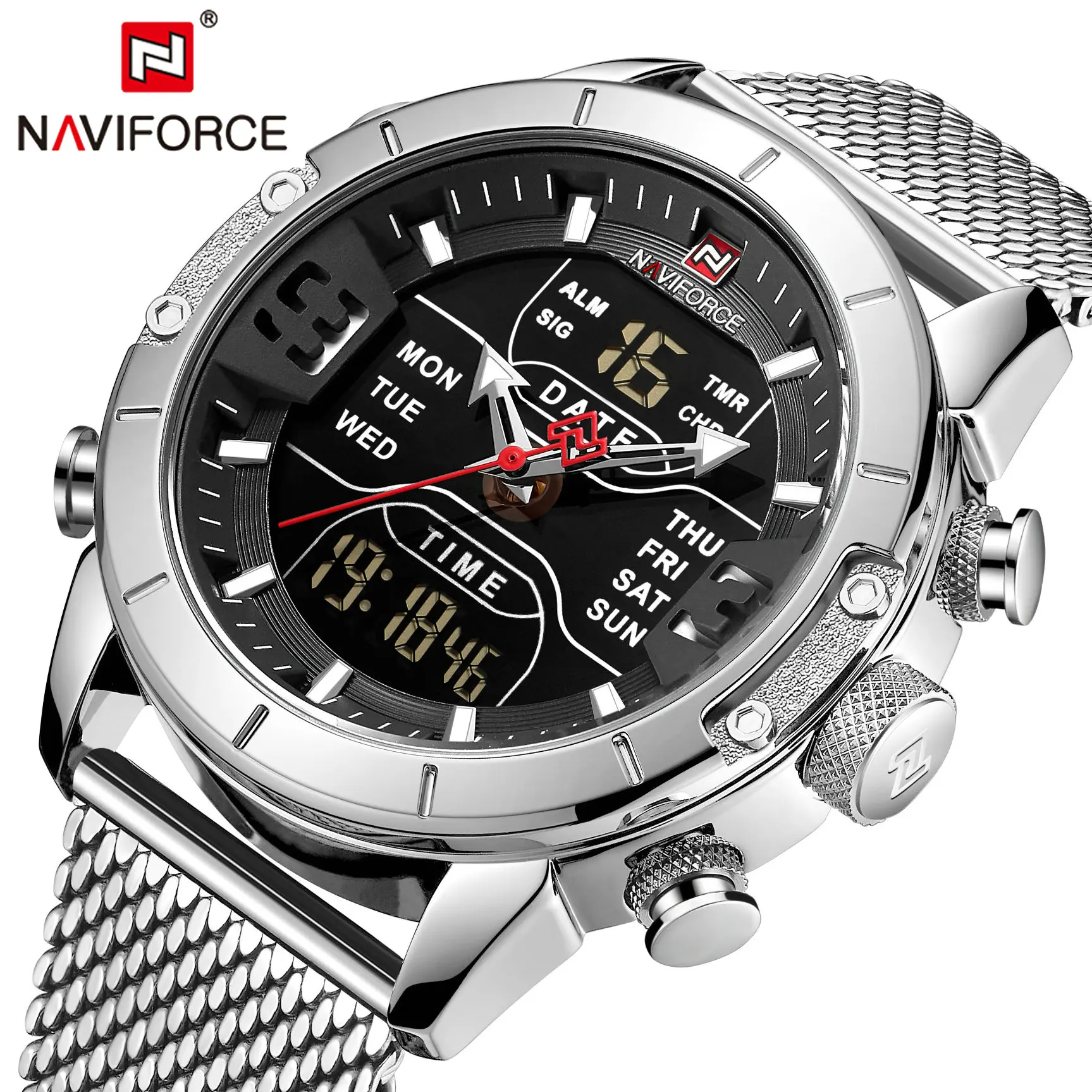 NAVIFORCE, военные спортивные часы, мужские Аналоговые Цифровые часы с двойным временем, календарь, сетчатый ремешок, кварцевые мужские часы, Топ бренд класса люкс