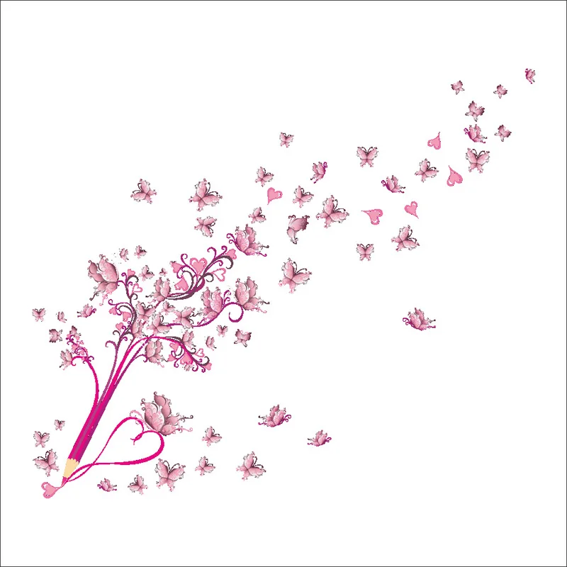 

Pink Pencil Butterfly Flower Wall sticker for Bedroom living room background decoration Decals Mural Art Butterflies Stickers