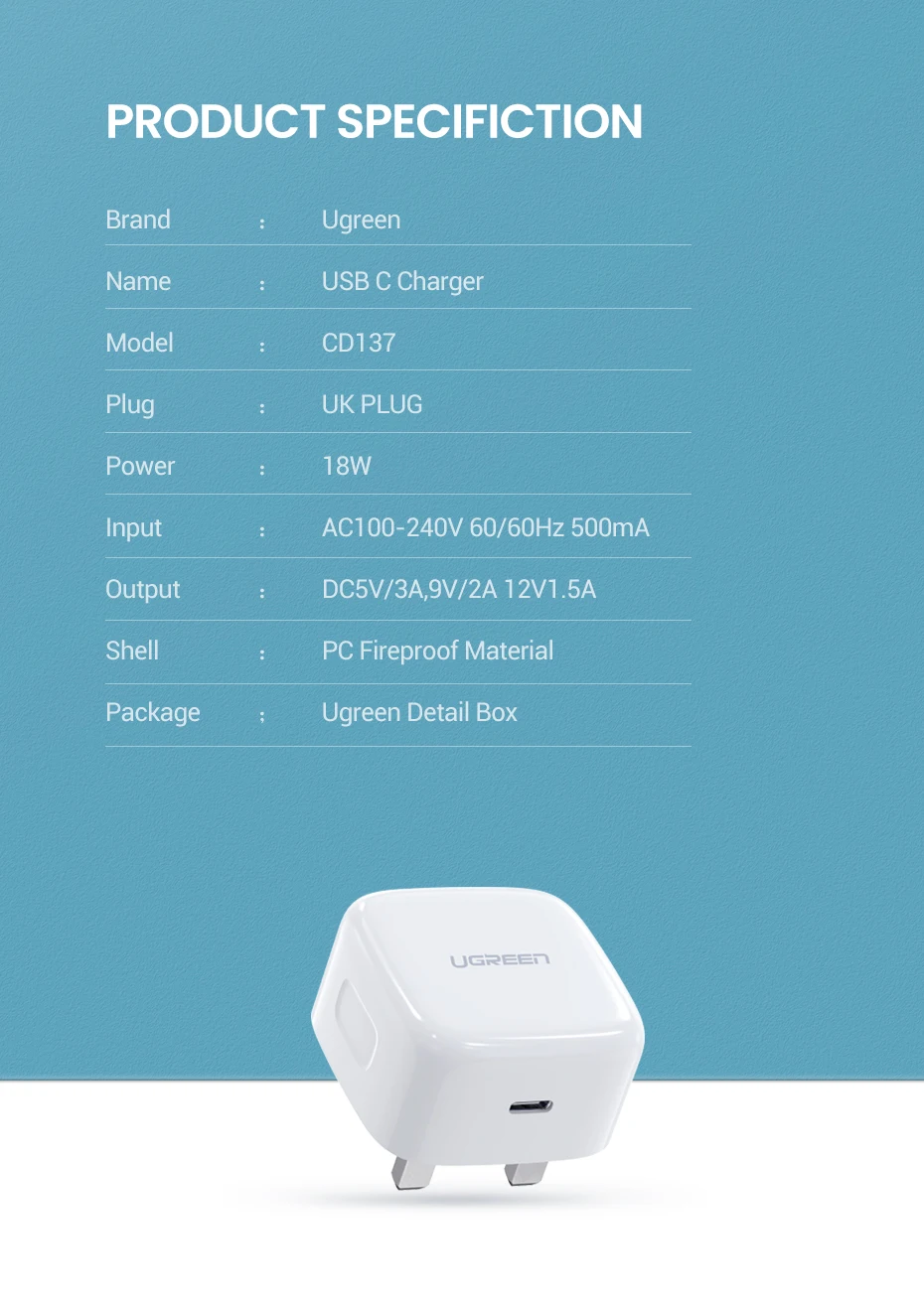 Ugreen Quick Charge 4,0 3,0 QC UK Plug PD зарядное устройство 18 Вт QC4.0 QC3.0 usb type C быстрое зарядное устройство для iPhone 11 X Xs 8 Phone PD зарядное устройство