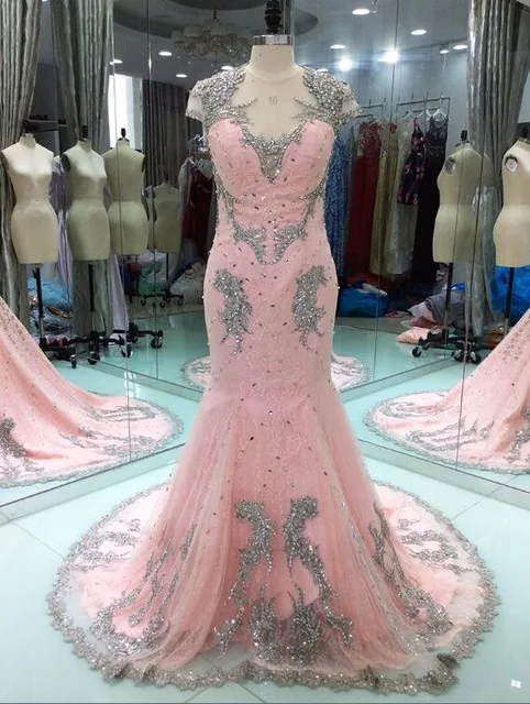 Роскошное розовое длинное вечернее платье с юбкой-годе 2020 кружевные бусины