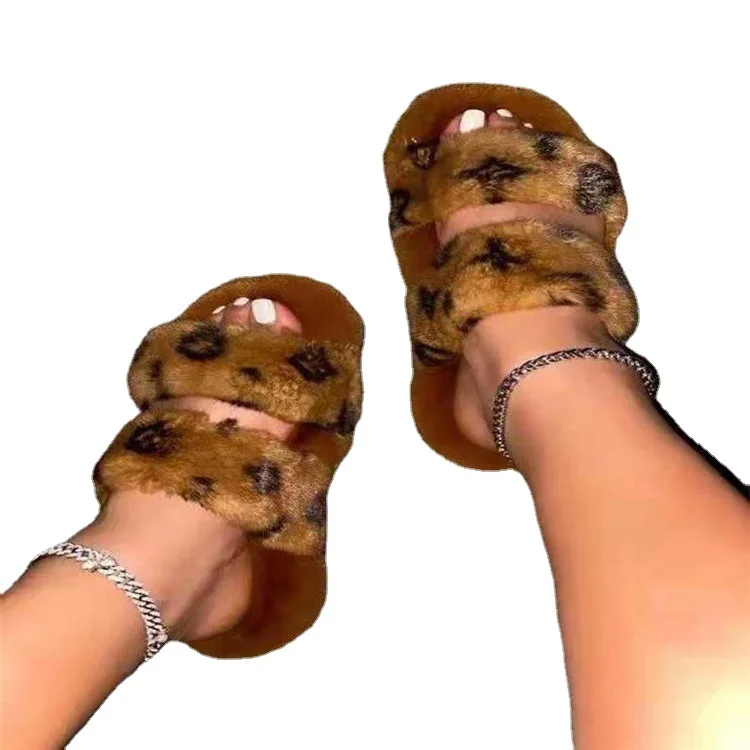 

2021 Winter Fashion Women Casual Shoes Soft Plush Big Size 43 Furry Heel Shoes Indoor Ladies Flat Open Toe Fluffy House Slippers