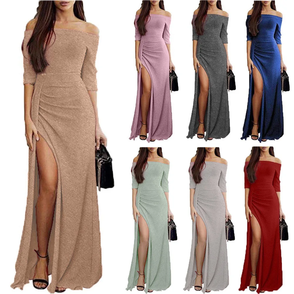 

Women's Package Buttock Slit One Word Lead Dress Sparkling Longuette Full Dress Fashion Sexy Elegant Party Dresses