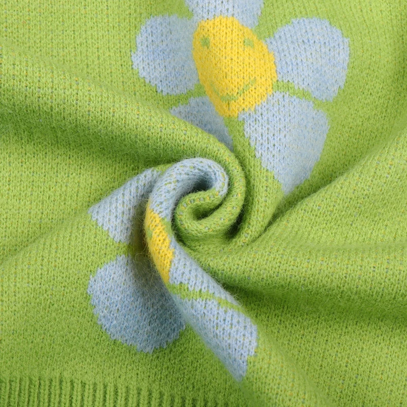 

Winter Printed Crop Cardigan Sweater Women Green Short Knitted Sweaters V-Neck Single-Breasted Jumpers Long-Sleeved Loose Pull