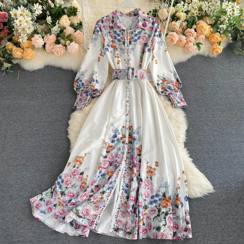 Женское однобортное платье LUOSHA длинное с рукавами фонариками и цветочным
