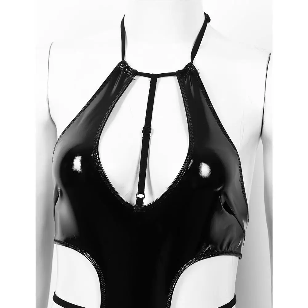 

Women Bodysuit Sexy Wet Look Patent Leather Lingerie Halter Neck Sleeveless One-piece Leotard Bodysuit Lingerie Sexy Nightwear