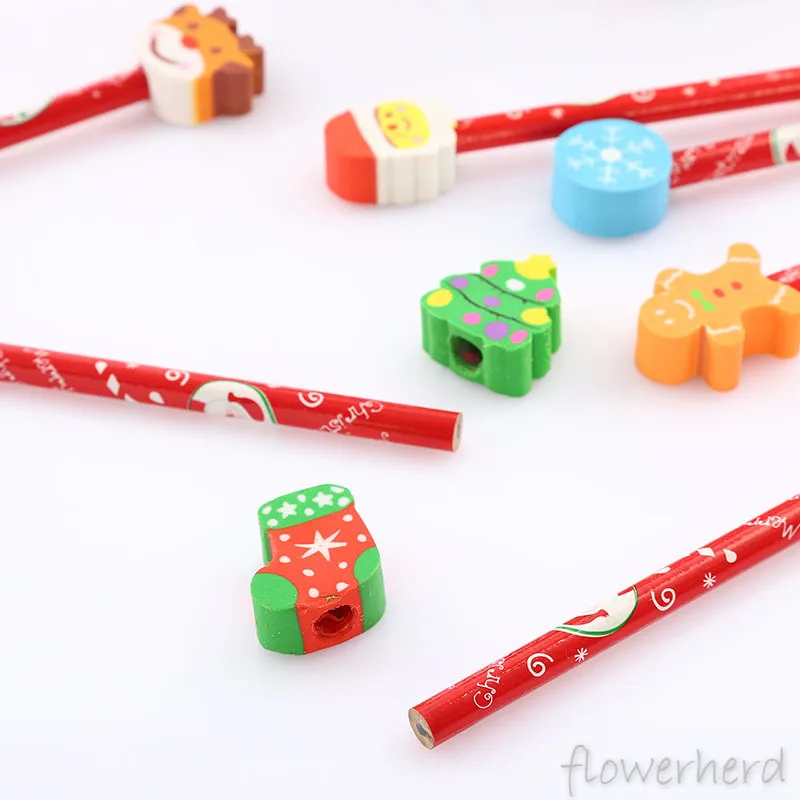 

8pcs/lots Christmas Creative Cartoon Eraser Wooden Lead Pencils Set Cute School Supplies Kids Gift Santa Elk Snowflake Tree