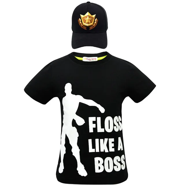 Летняя футболка для мальчиков с надписью «FLOSS LIKE A BOSS»+ Кепка, топы с героями мультфильмов «Superhero Venom Fortress», ночной головной убор, футболки для больших детей, хлопковая одежда - Цвет: 2232black-cap