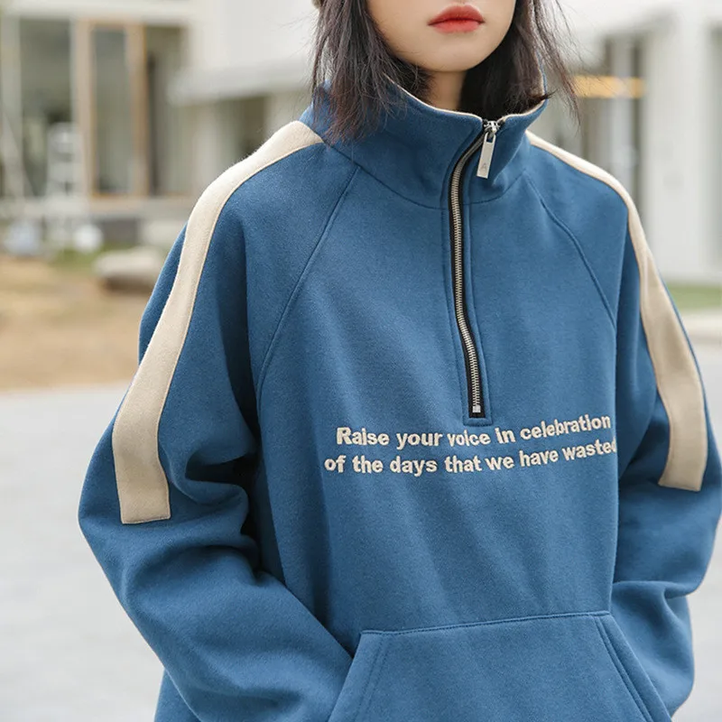 

Autumn And Winter New Fashion Korean Version Plus Velvet Color Matching Stand Up Collar Letter All Match Pullover Female C025