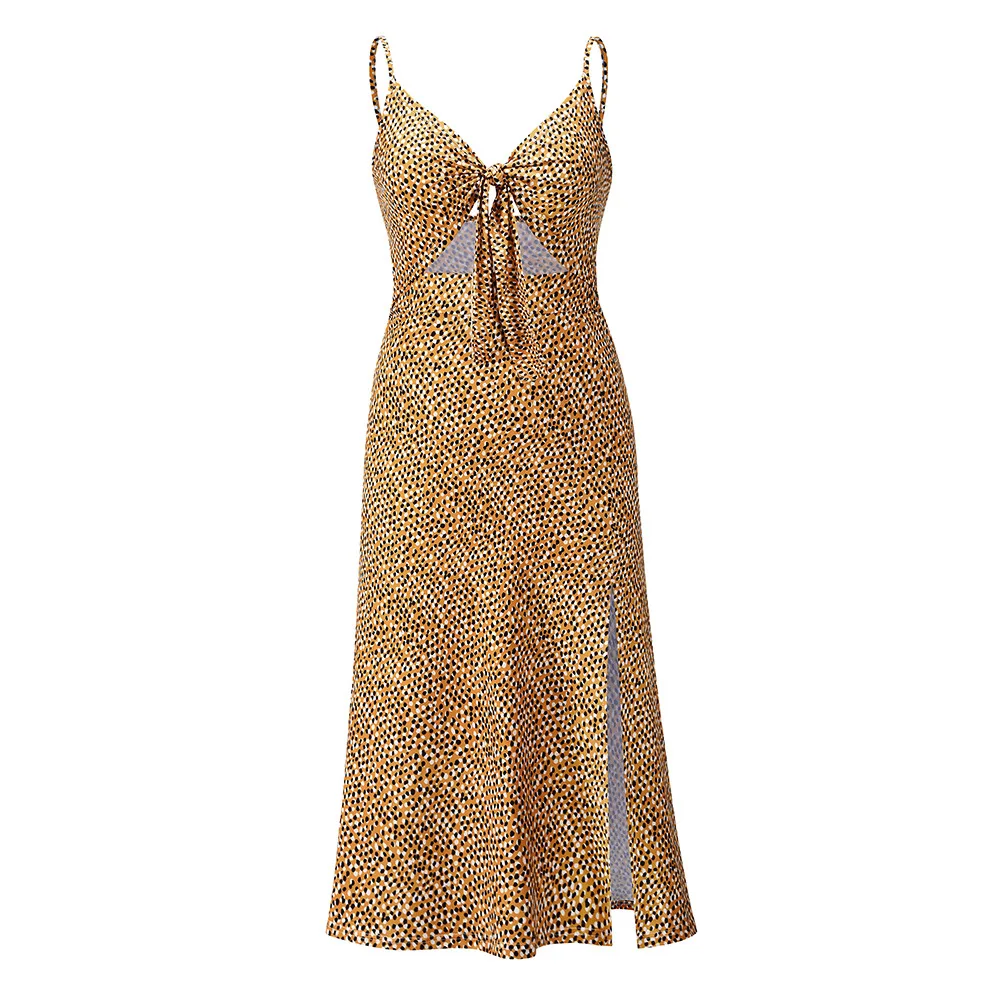 

New Summer Sexy V Collar Slip Dress Fashion Slim High Split Dot Bowknot Zipper Backless Casual Dresses