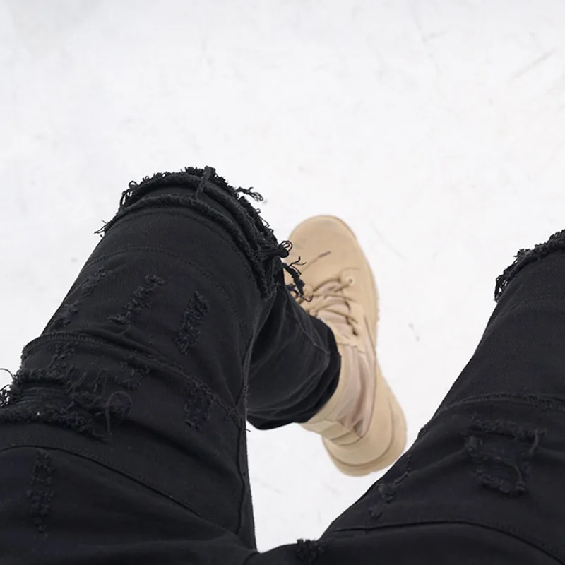Dark Streetwear Hole Ripped Black Hip Hop Men Pencil Jeans Trousers Solid Denim Beggar Slim Pants For Teens Pantalones Hombre