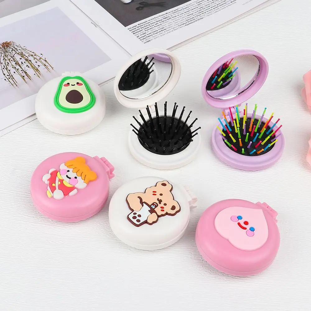 Складная расческа для волос 2-в-1 милая мультяшная портативная щетка с зеркалом