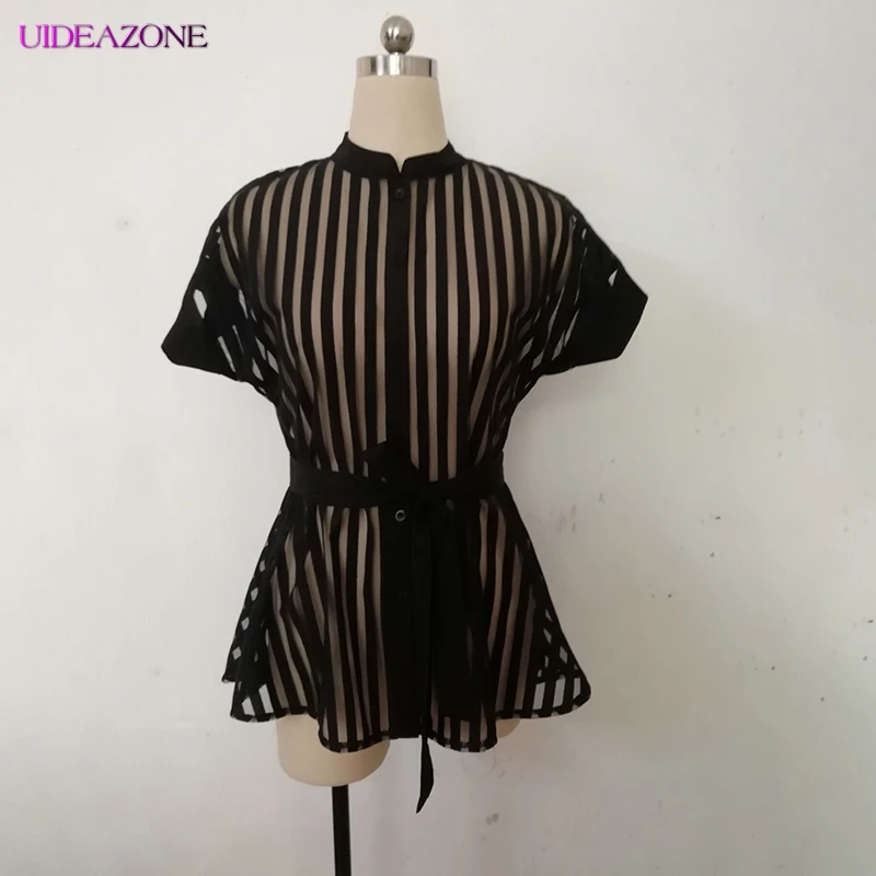 Сетчатая женская блузка пэчворк с поясом пуговицами весенне летняя одежда