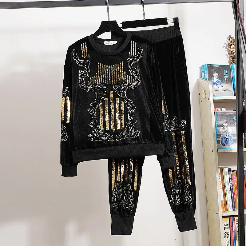 

Black Tracksuit Gold velvet Set Women Fashion Sequins Embroidery Sweater Pencil Pants Loose Casual Two Piece Outfits Streetwear