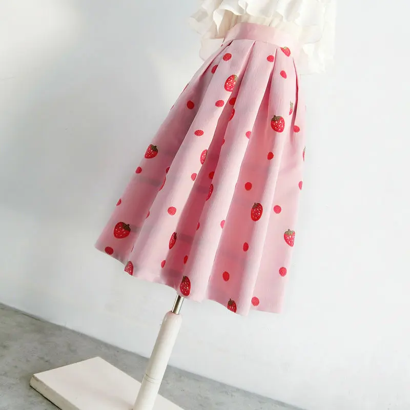 

Floral Cute Pink Strawberry Fruit long pengpeng skirts for women faldas largas jupe longue femme