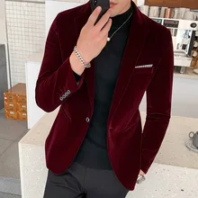 Blazer de veludo borgonha 2020 moda casual blazer masculino casamento noivo cantor traje fino blazer formal vestido de noite M 5XL (4)