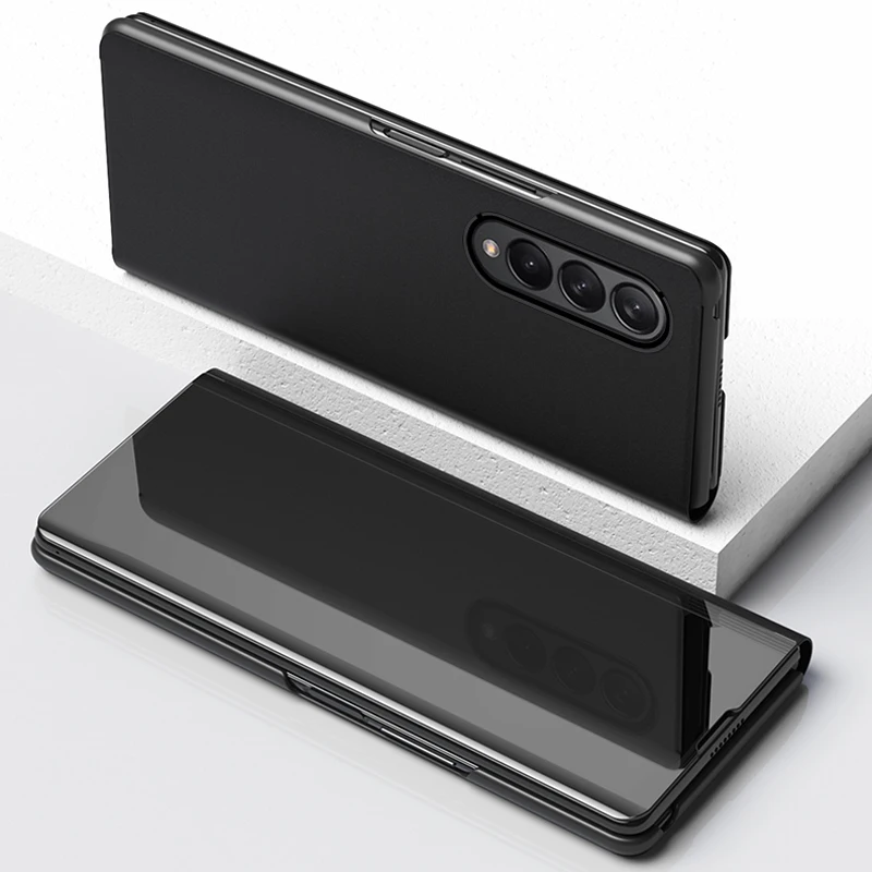 smart flip cover for samsung galaxy z fold 3 2 5g mirror bracket plating pu leather case shockproof phone for z fold 3 5g case free global shipping