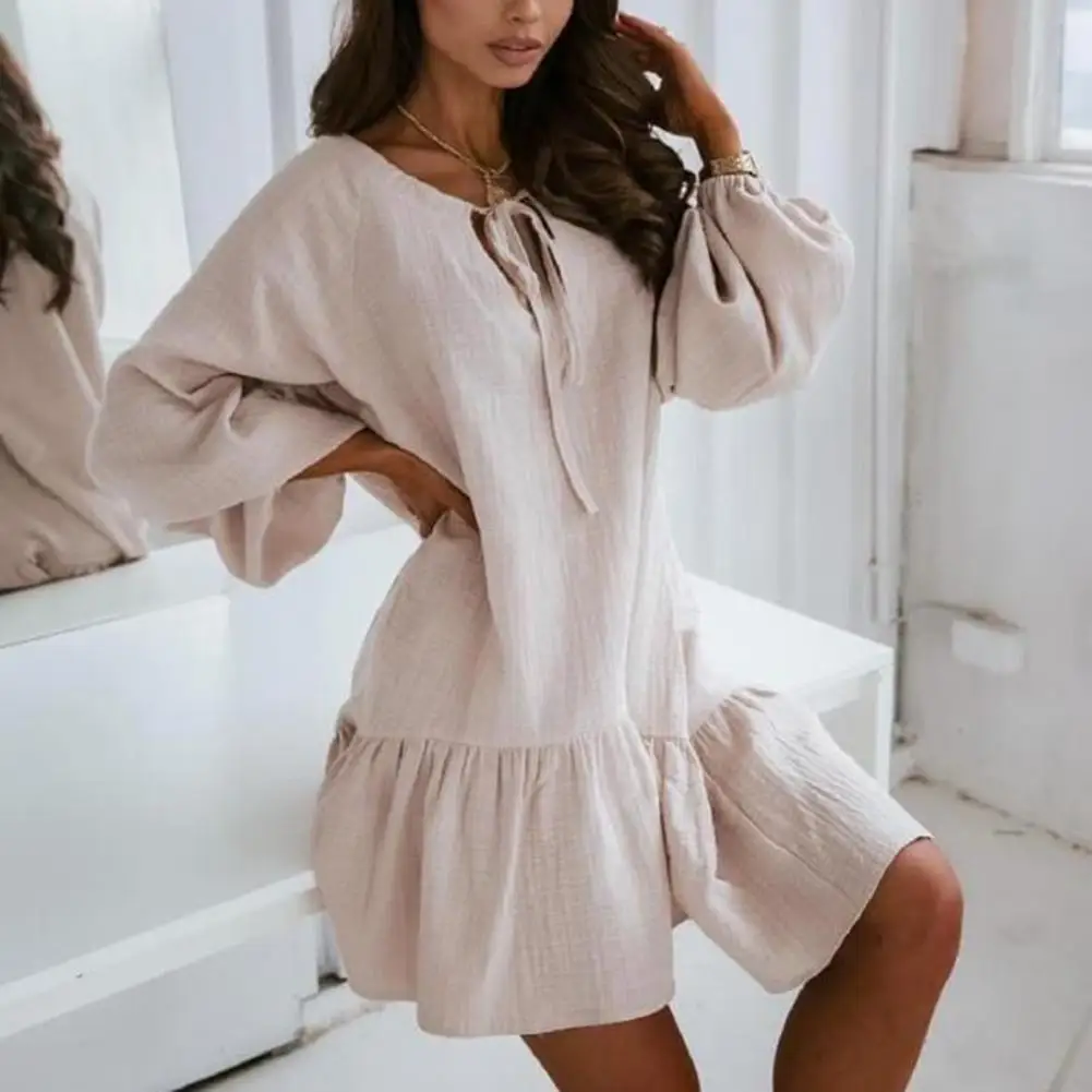 

Summer Sexy Hollow Out Ruffle Party Dress Vacation Beach Dresses Femme Women Dress Long Puff Sleeve Tie-up Cotton Flax Spring