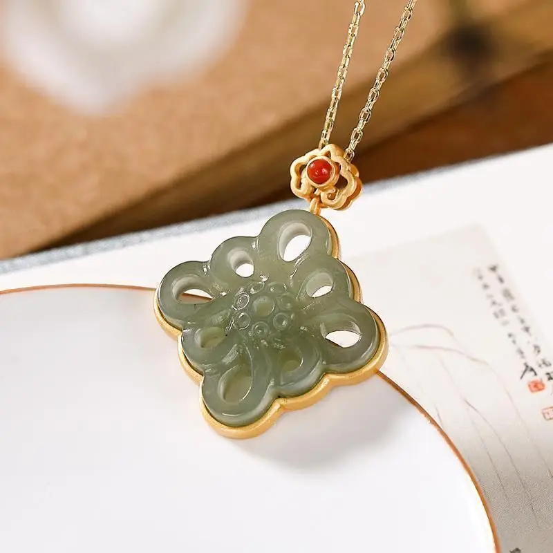 

2021 hot new style Palace Style Gray Jade Chinese Knot Pendant Hetian Jade Hollow Mosaic Pendant Hanfu South Red Gold Accessor