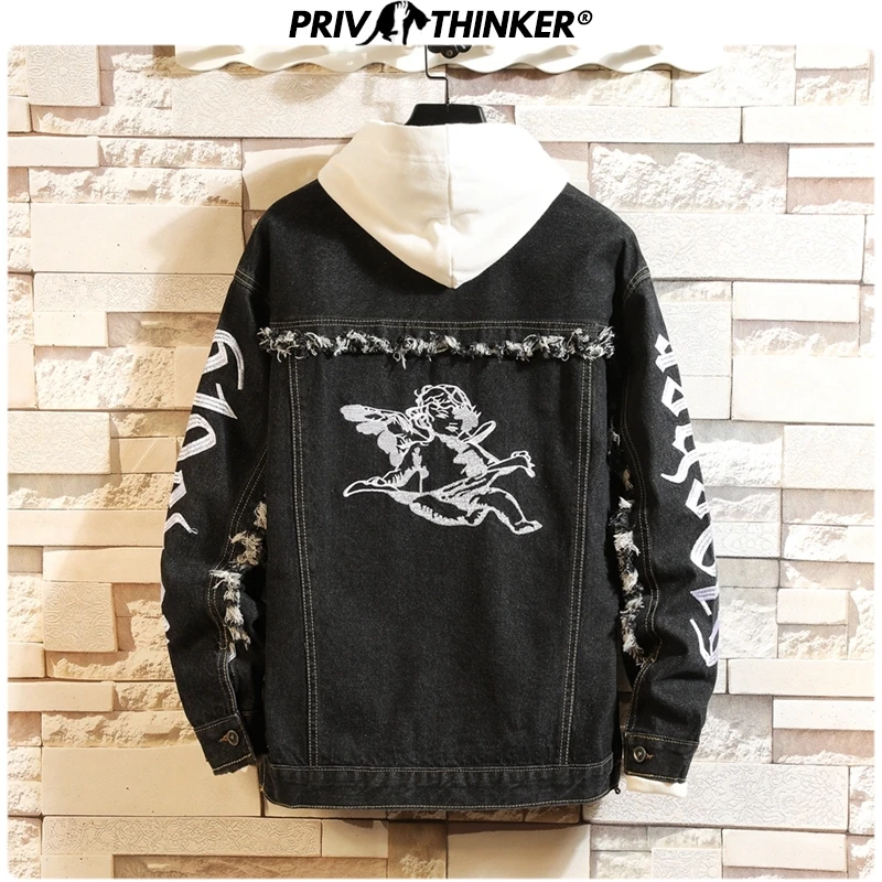 Privathinker Мужская джинсовая куртка в стиле хип хоп с вышивкой мужская капюшоном