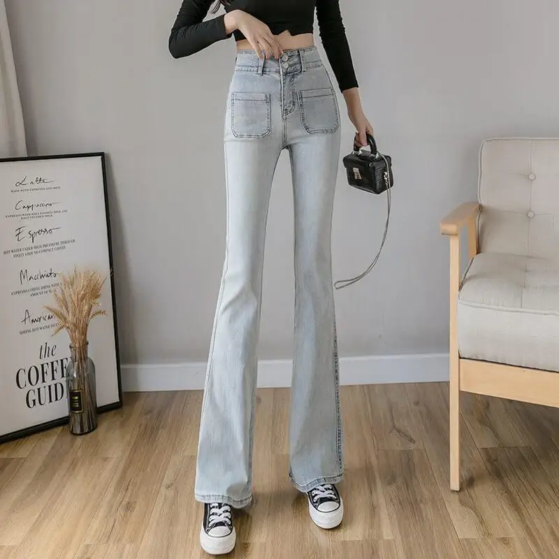 

Washed Blue Bootcut Jeans High Waist 2021 New Slim Casual Micro Flared Pants Street Women's Denim Streetwear Harajuku Pants