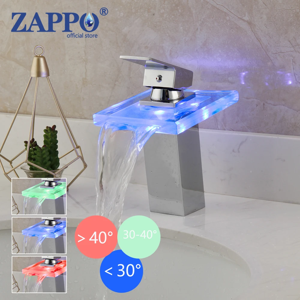 

ZAPPO Bathroom LED Waterfall Faucet Chrome Finished Deck Mount Hot and Cold Water Mixer Basin Sink Tap Faucets Solid Brass