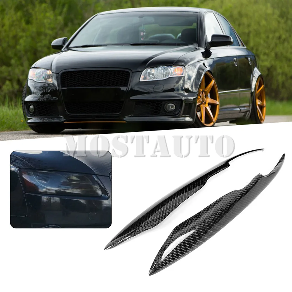 For Audi A4 B7 Real Carbon Fiber Exterior Headlight Eyebrow Eyelid Cover Trim 2005-2008 2pcs Car Accessories