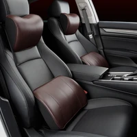 breathable hole car pillow set genuine leather auto seat rear headrest lumbar waist supports back cushion memory foam black