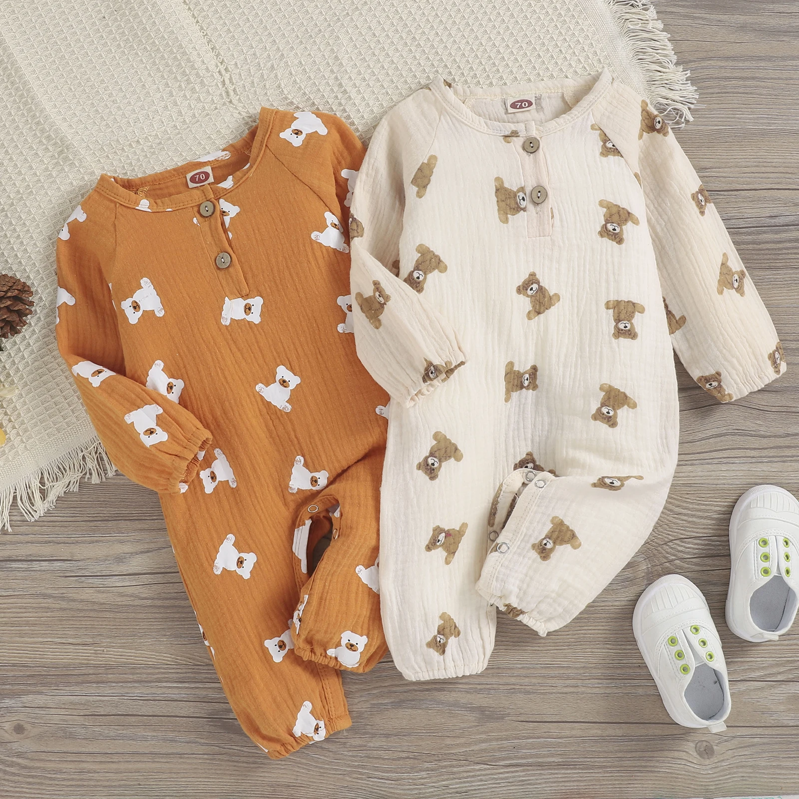 

Autumn Baby Girls Boys Cartoon Jumpsuits Kids Unisex Creative Little Bear Printing Front Button Long Sleeve Round Collar Rompers