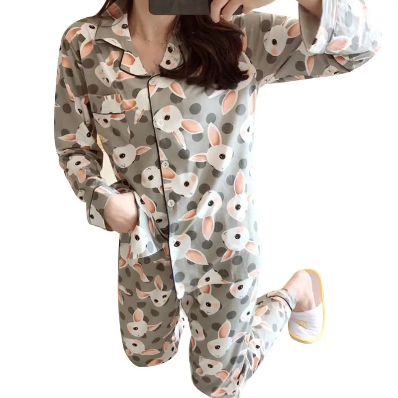 7 Женский пижамный комплект Kawaii С мультяшным принтом, пижама с длинным рукавом, на пуговицах, с круглым вырезом, свободные штаны, домашняя одежда, M-2XL, 19 видов стилей - Цвет: 7