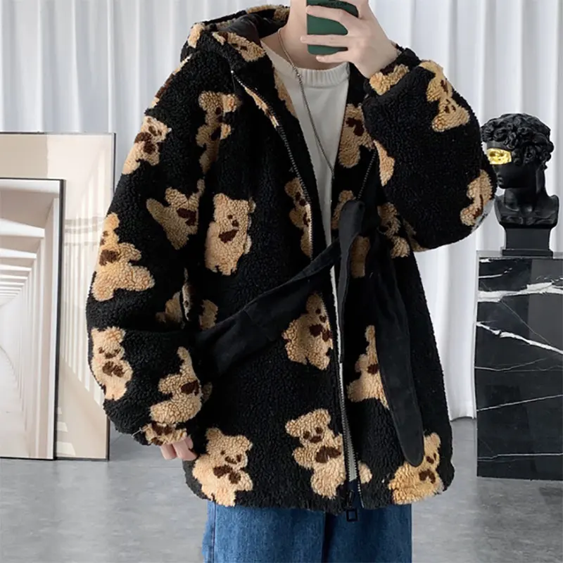 

Lambswool Jacket Bear Print Half-Zip Pullover Hoodie Men Harajuku Streetwear Loose Hooded Couple Jacket Jacket Winter Hoody
