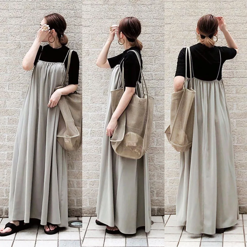 

Women Casual Long Dress Summer Plain Korean Janpanese Style Fashion Loose Spaghetti Strap Dresses Pleated Female Maxi Dress