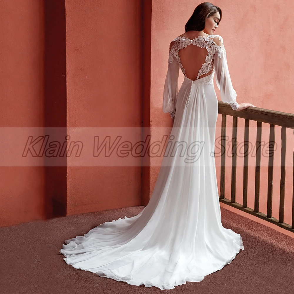 

Boho Mermaid Court Train Sheer V-Neck Lace Appliques Bridal Gowns 2021 Long Sleeve Wedding Dresses Robe De Marie