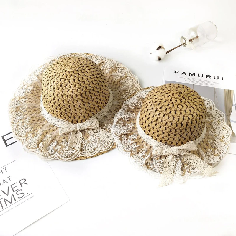 

Ribbon top Straw Hats Beach Caps Panama seaside hat Parent-child Summer Women's Sun Hat Bucket cap beige lace Bowknot Flowers