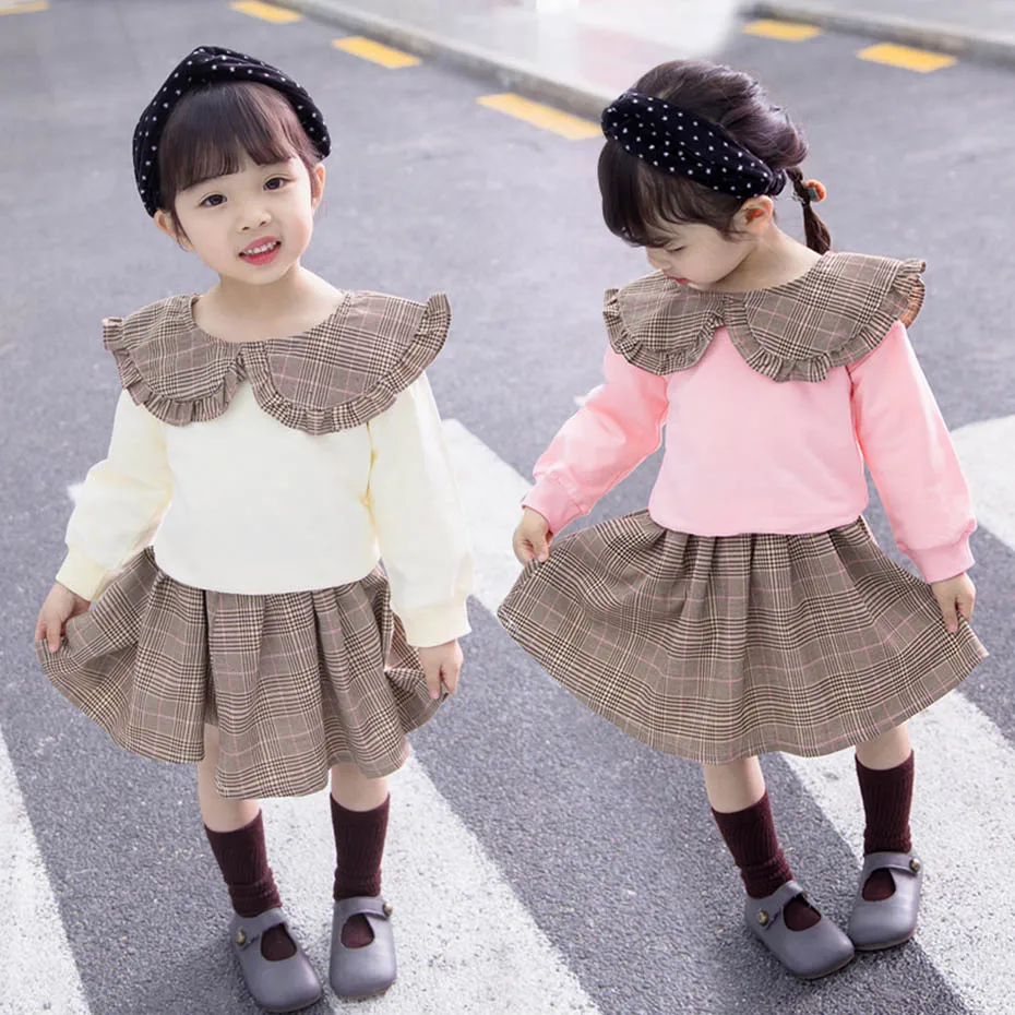 Girls Clothes Plaid Skirt + Sweatshirt Suits For Peter Pan Collar Set Autumn Fashion Suit Baby | Детская одежда и обувь