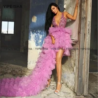 yipeisha lilac tulle long prom dresses sexy v neck asymmetrical party gowns shiny sequined tiered skirt formal masquerade dress